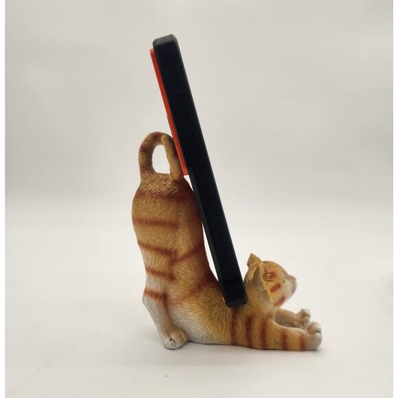 Lazy Stretching Orange Cat Figurine Ticked Striping Phone Stand Decidedly Cute - Picture 2 of 10